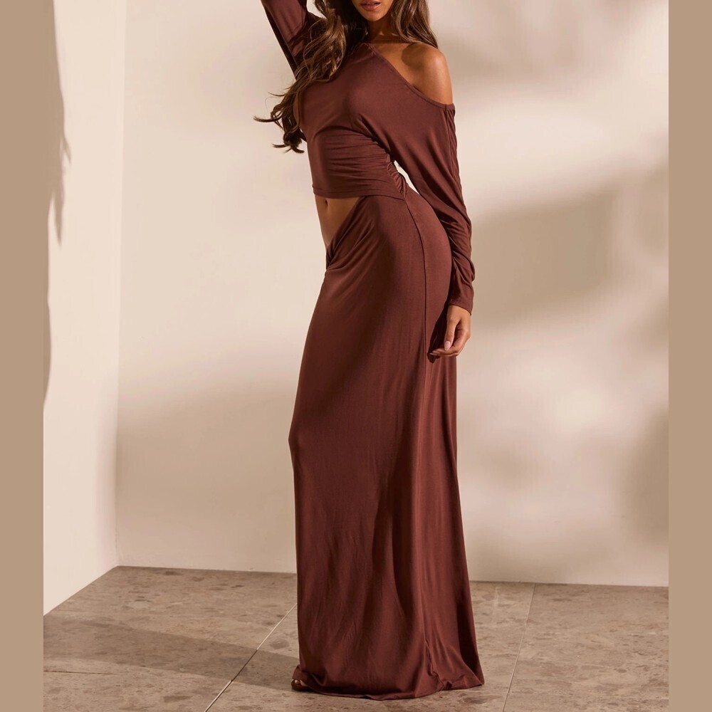 Brown Knit Asymmetrical Neck Cutout Waist Long Sleeve Maxi Dress